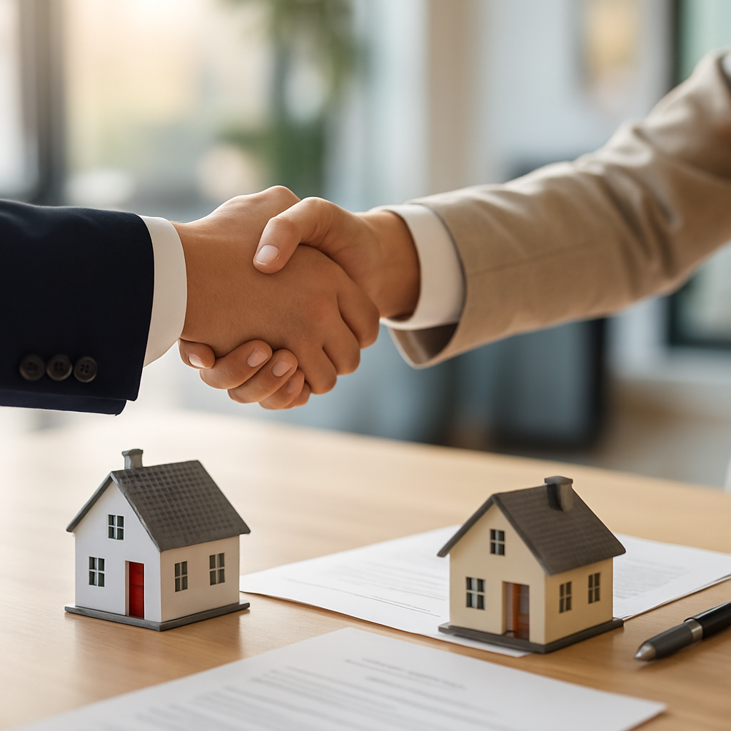 Lender and homebuyer shaking hands over signed paperwork