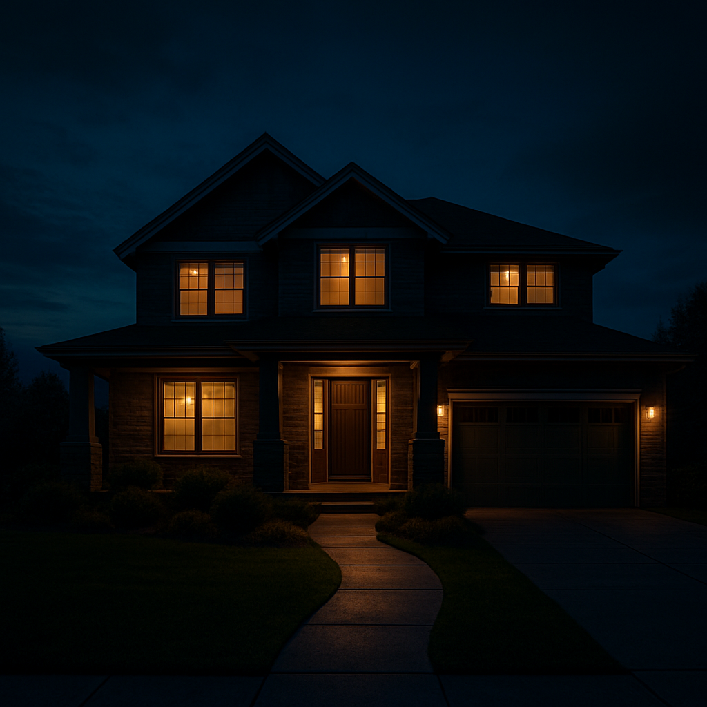 Modern home exterior at dusk