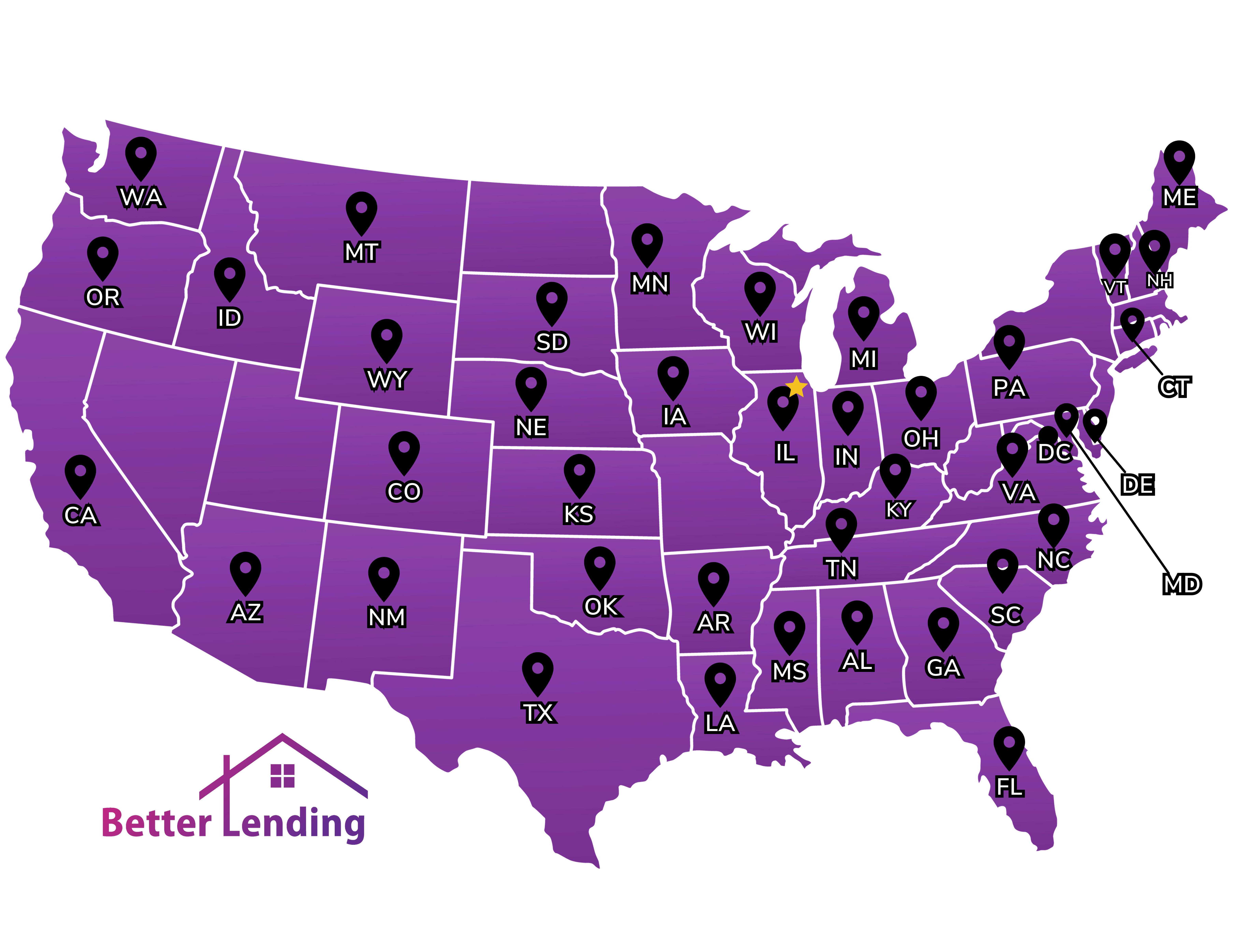 Map of the United States highlighting states where Better Lending is licensed
