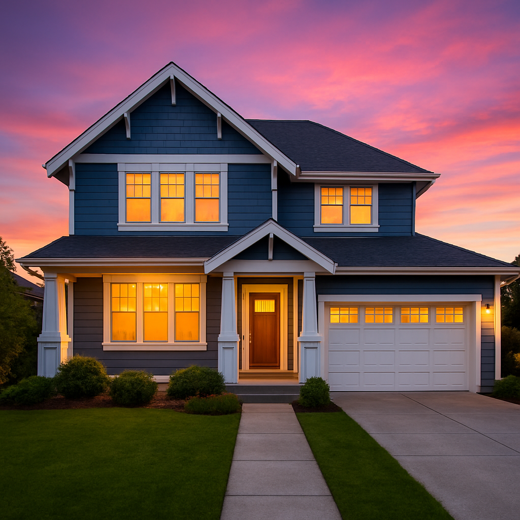 Suburban home exterior at dusk